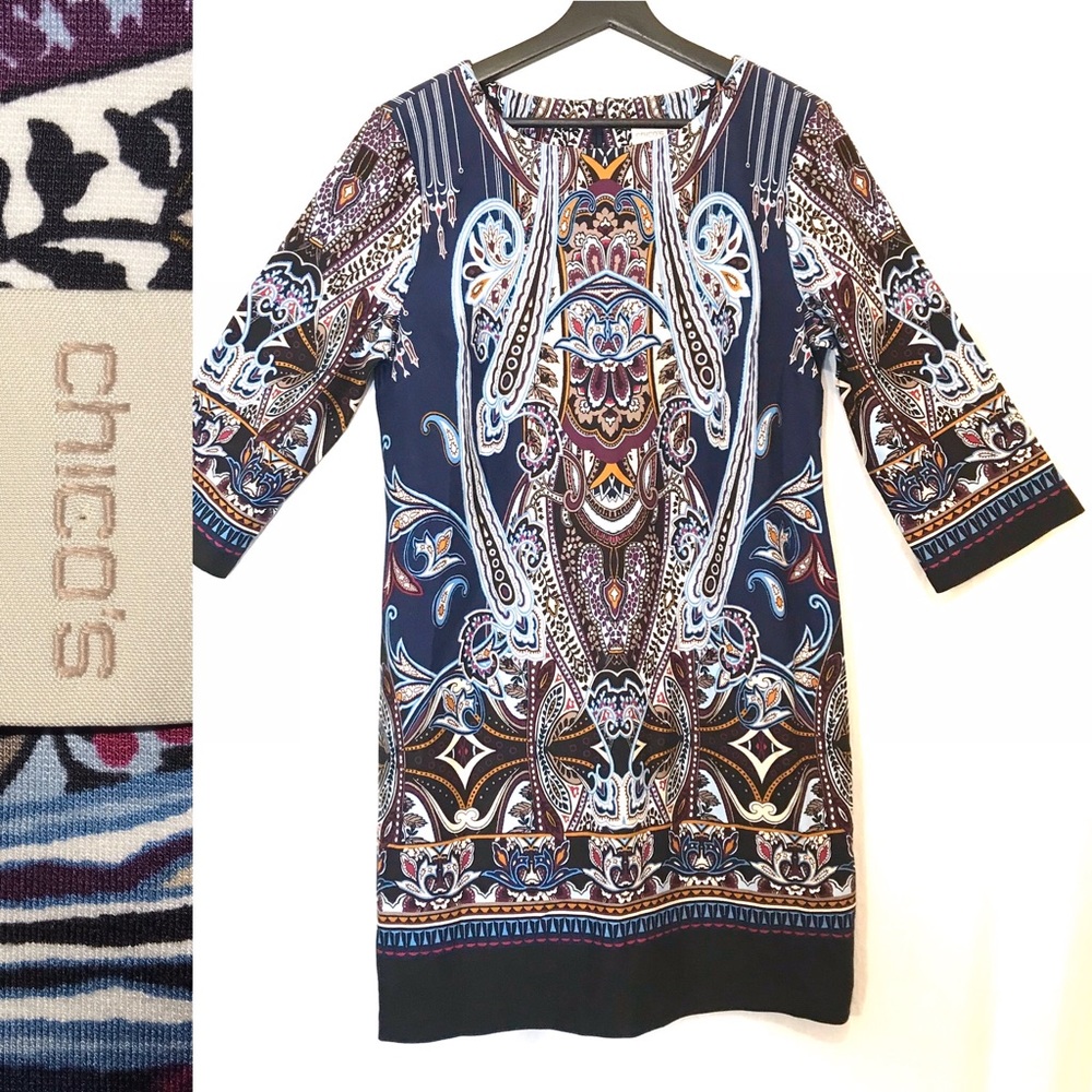 CHICOS NWOT Navy Multi Color Print Knit Dress